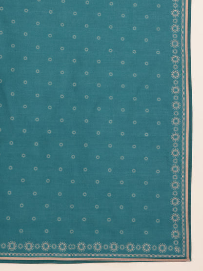Teal Blue Block Print Straight Mul Cotton Stitched Kurta Set