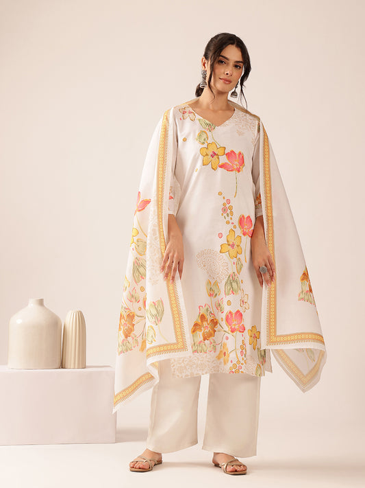 White  Floral Straight Mul Cotton Stitched Kurta Set