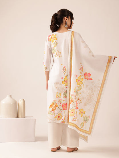 White  Floral Straight Mul Cotton Stitched Kurta Set