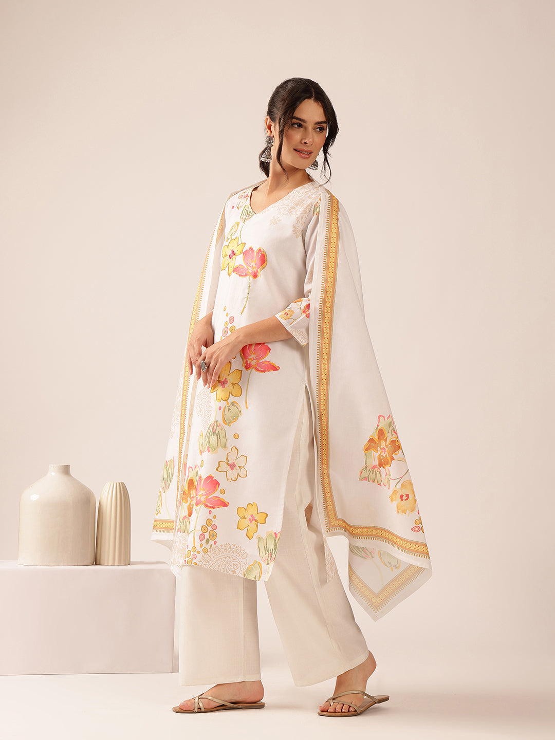 White  Floral Straight Mul Cotton Stitched Kurta Set