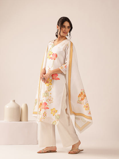 White  Floral Straight Mul Cotton Stitched Kurta Set
