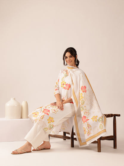 White  Floral Straight Mul Cotton Stitched Kurta Set