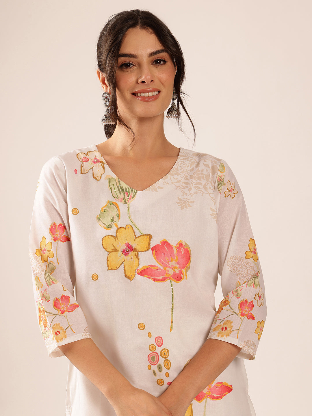 White  Floral Straight Mul Cotton Stitched Kurta Set