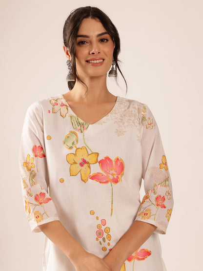 White  Floral Straight Mul Cotton Stitched Kurta Set