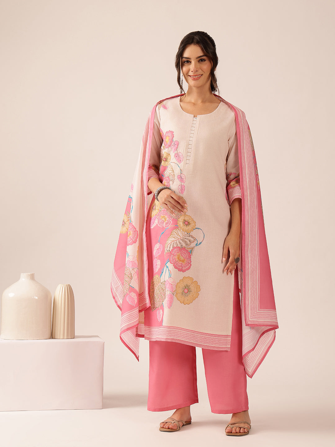 Pink Floral Straight Mul Cotton Stitched Kurta Set