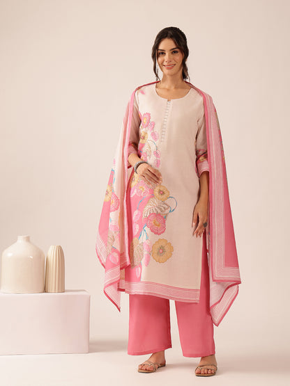 Pink Floral Straight Mul Cotton Stitched Kurta Set