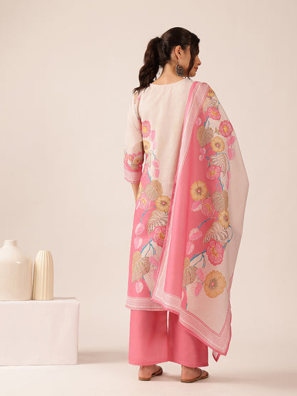 Pink Floral Straight Mul Cotton Stitched Kurta Set