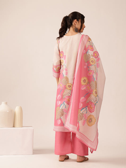 Pink Floral Straight Mul Cotton Stitched Kurta Set