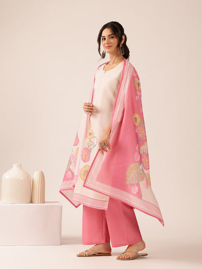 Pink Floral Straight Mul Cotton Stitched Kurta Set