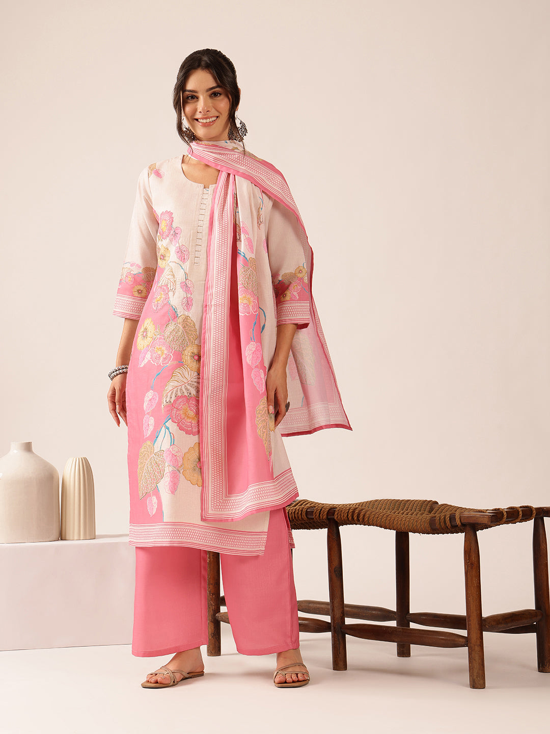 Pink Floral Straight Mul Cotton Stitched Kurta Set