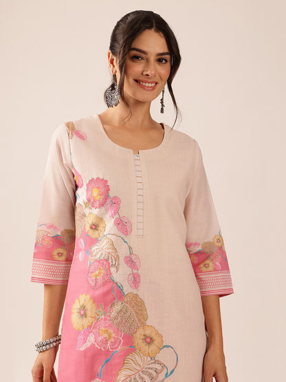 Pink Floral Straight Mul Cotton Stitched Kurta Set