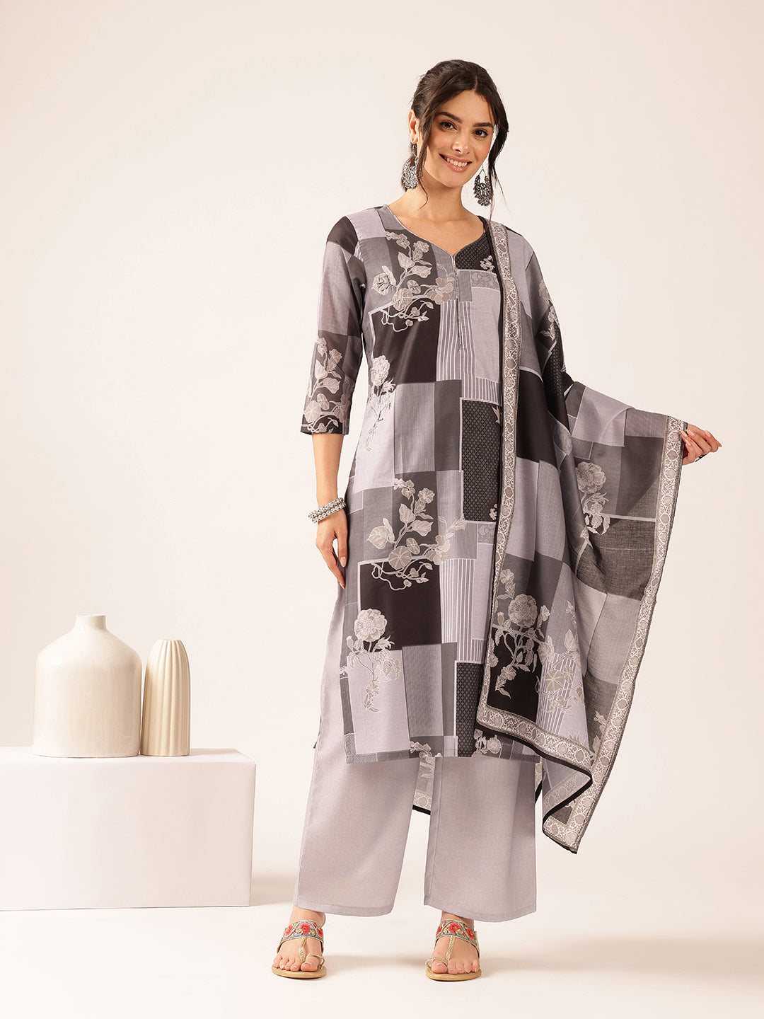 Grey & Black Block Print Straight Mul Cotton Stitched Kurta Set