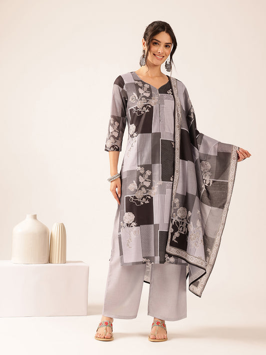 Grey & Black Block Print Straight Mul Cotton Stitched Kurta Set