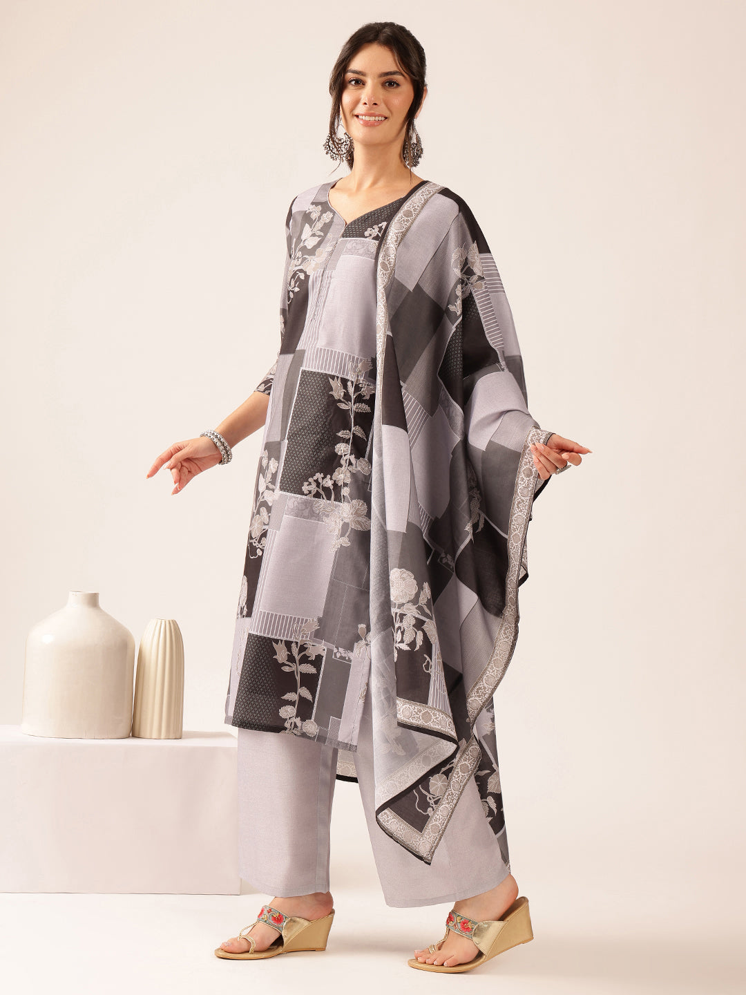 Grey & Black Block Print Straight Mul Cotton Stitched Kurta Set
