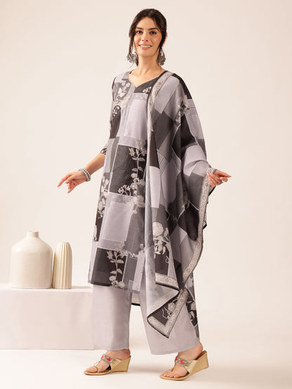 Grey & Black Block Print Straight Mul Cotton Stitched Kurta Set