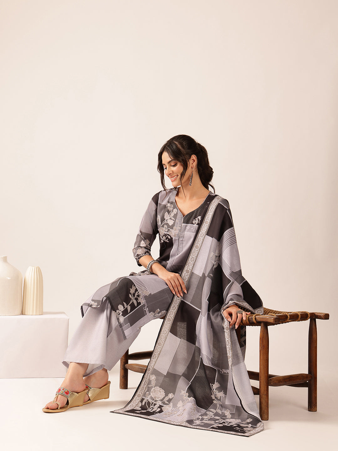 Grey & Black Block Print Straight Mul Cotton Stitched Kurta Set