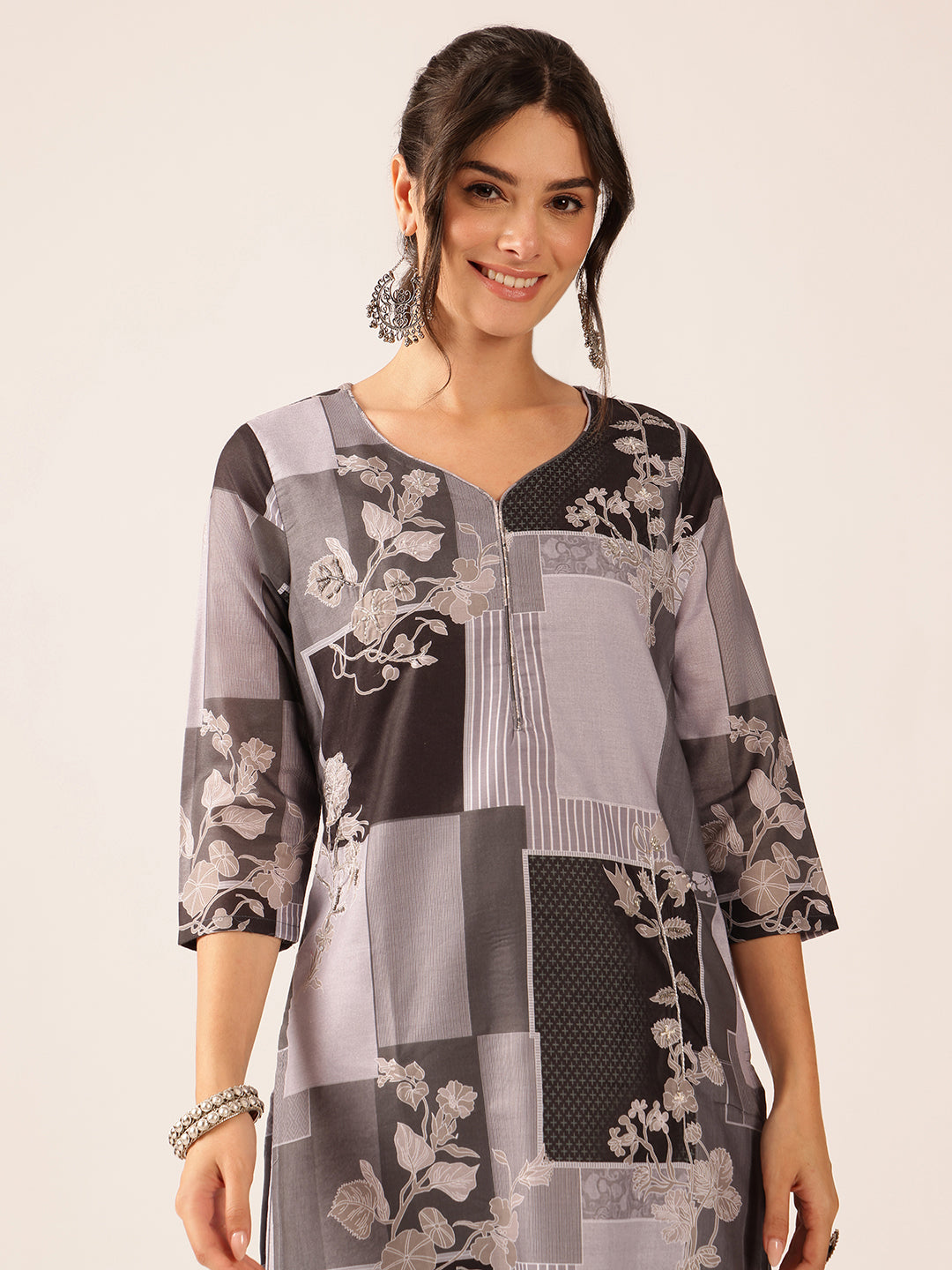 Grey & Black Block Print Straight Mul Cotton Stitched Kurta Set