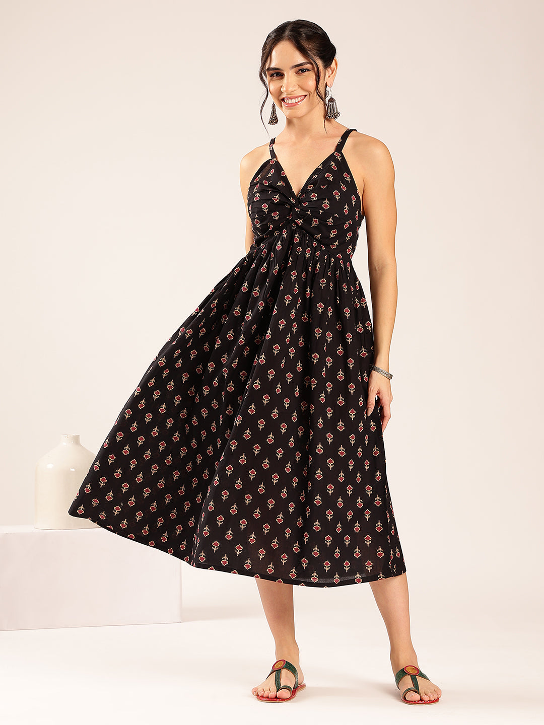 Black Floral Flared Cotton Stitched Dress