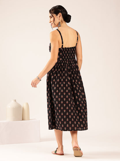 Black Floral Flared Cotton Stitched Dress