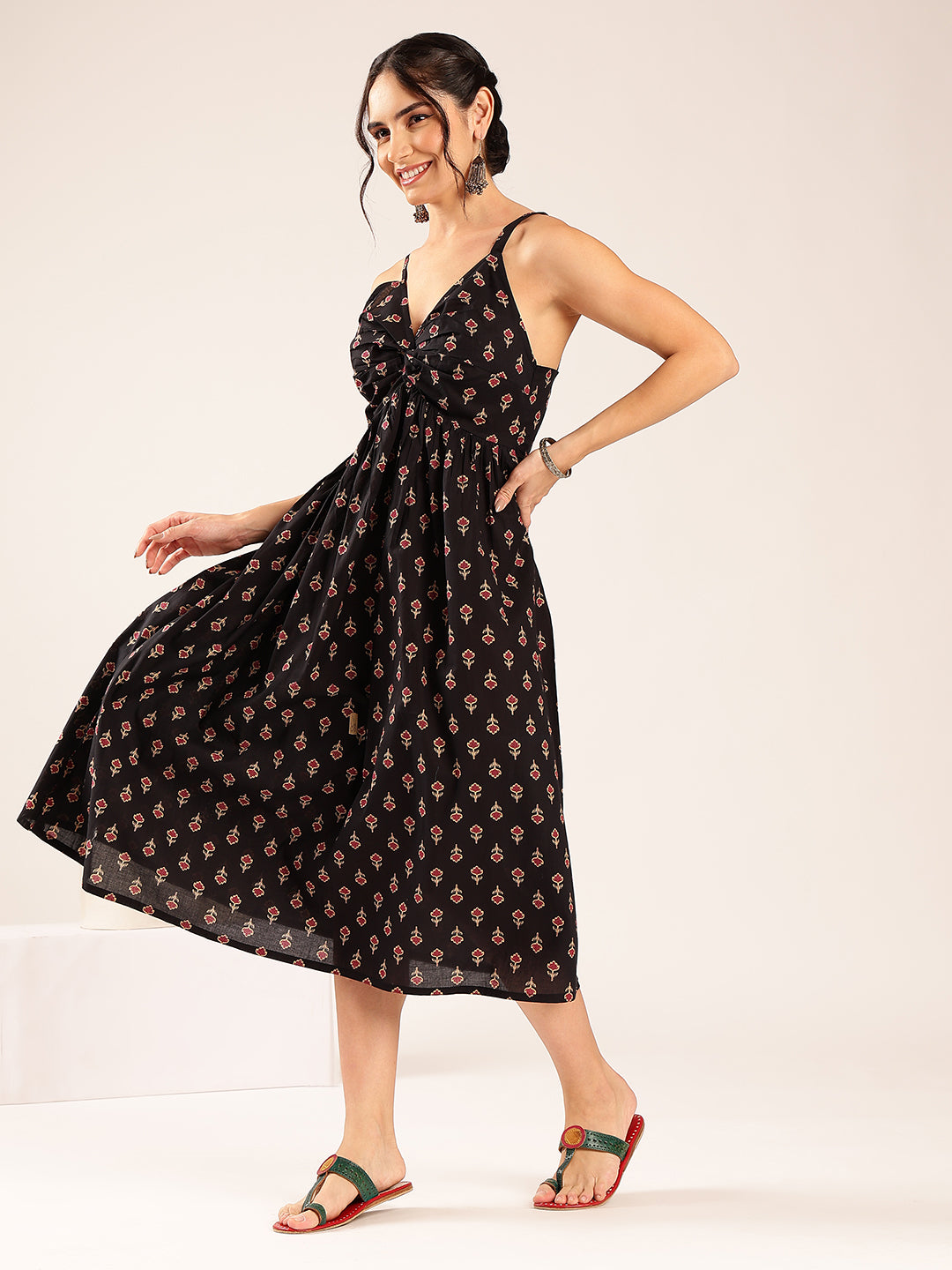 Black Floral Flared Cotton Stitched Dress