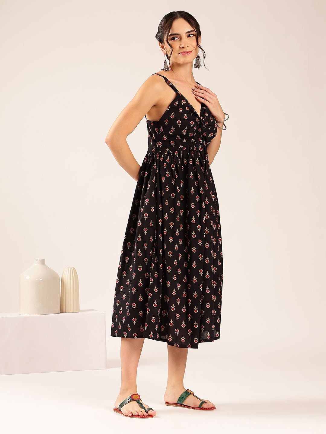 Black Floral Flared Cotton Stitched Dress