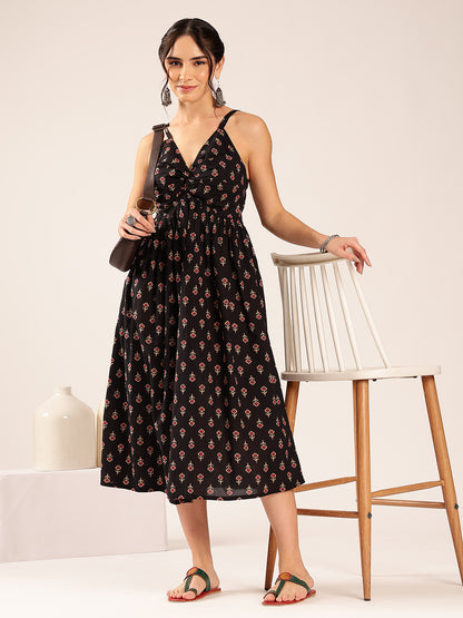 Black Floral Flared Cotton Stitched Dress