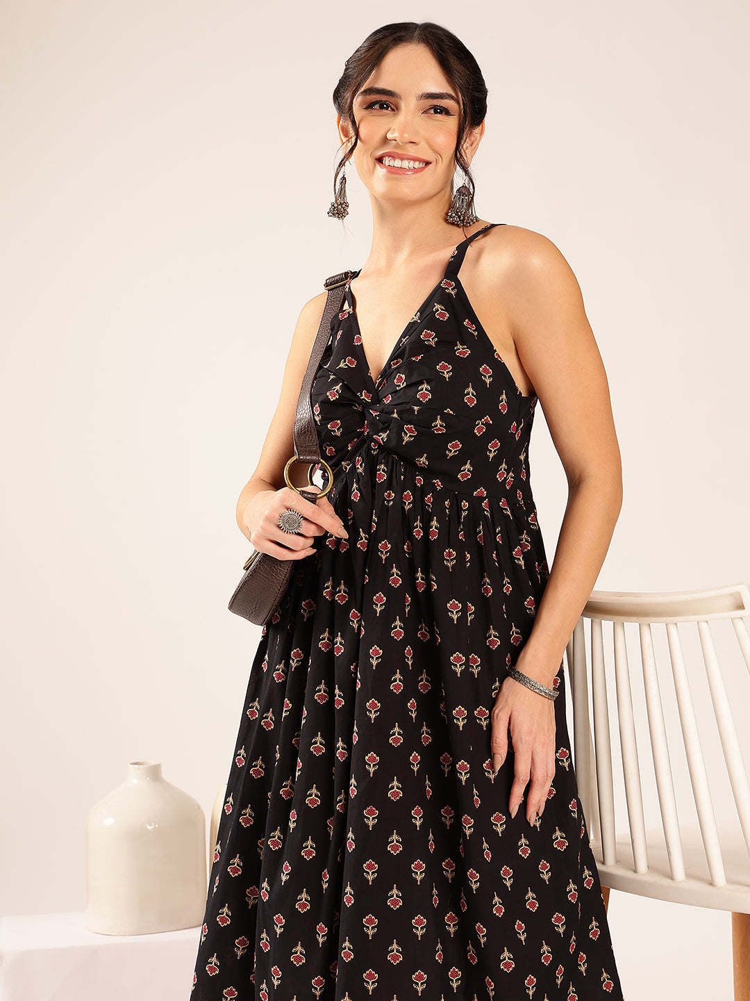 Black Floral Flared Cotton Stitched Dress