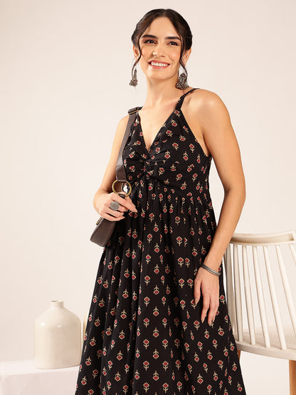 Black Floral Flared Cotton Stitched Dress