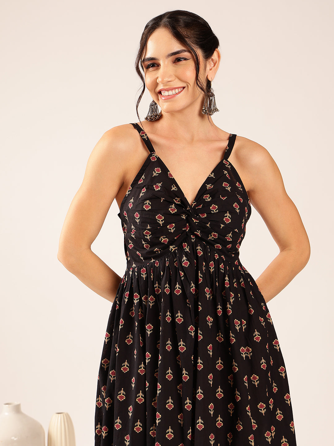 Black Floral Flared Cotton Stitched Dress
