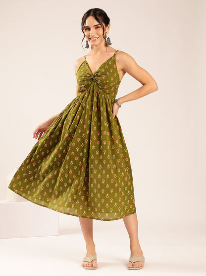 Mehendi Floral Flared Cotton Stitched Dress
