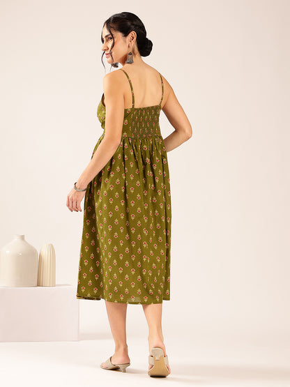 Mehendi Floral Flared Cotton Stitched Dress