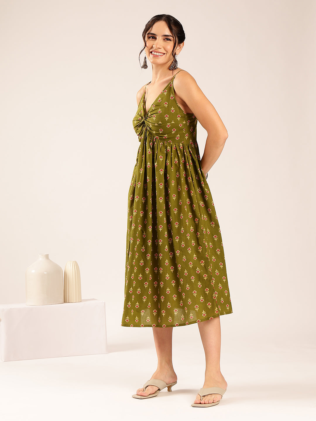 Mehendi Floral Flared Cotton Stitched Dress