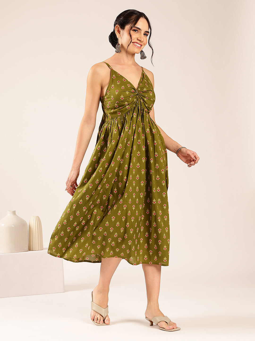 Mehendi Floral Flared Cotton Stitched Dress