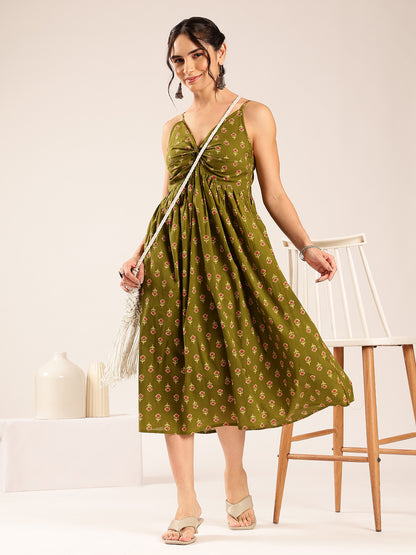 Mehendi Floral Flared Cotton Stitched Dress