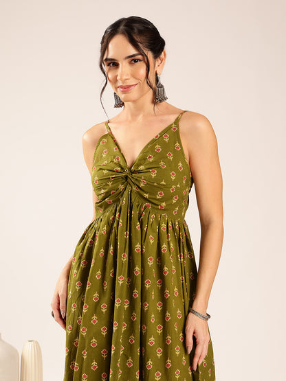 Mehendi Floral Flared Cotton Stitched Dress
