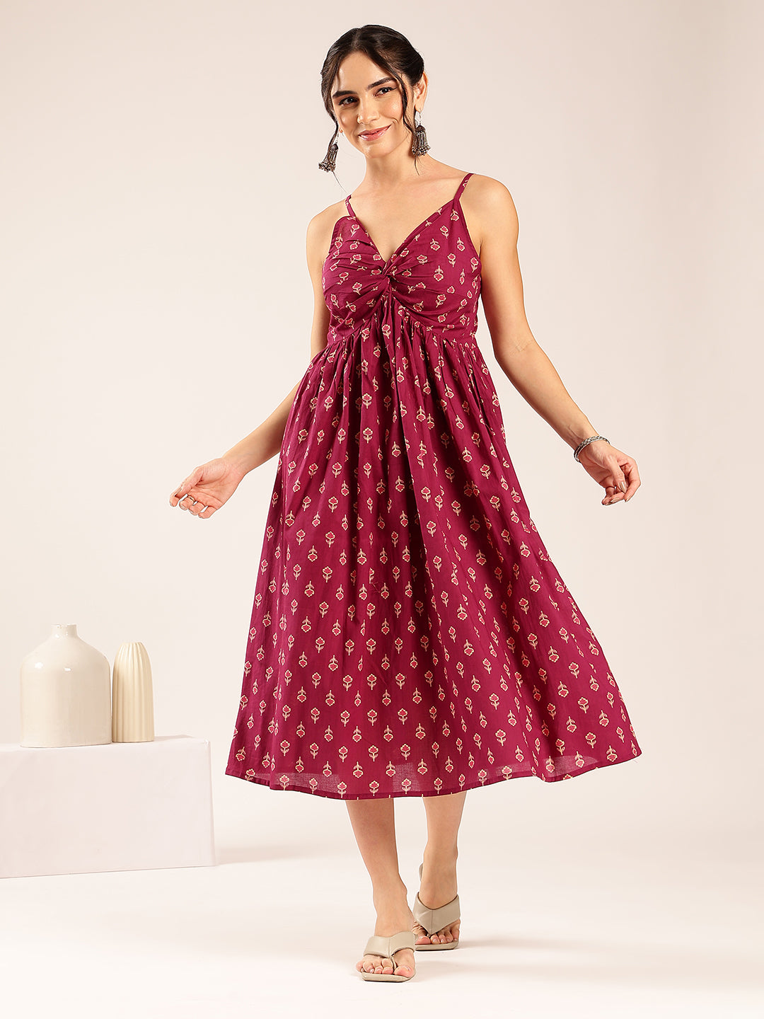 Magenta Floral Flared Cotton Stitched Dress