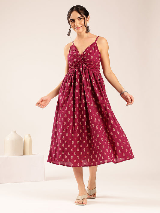 Magenta Floral Flared Cotton Stitched Dress