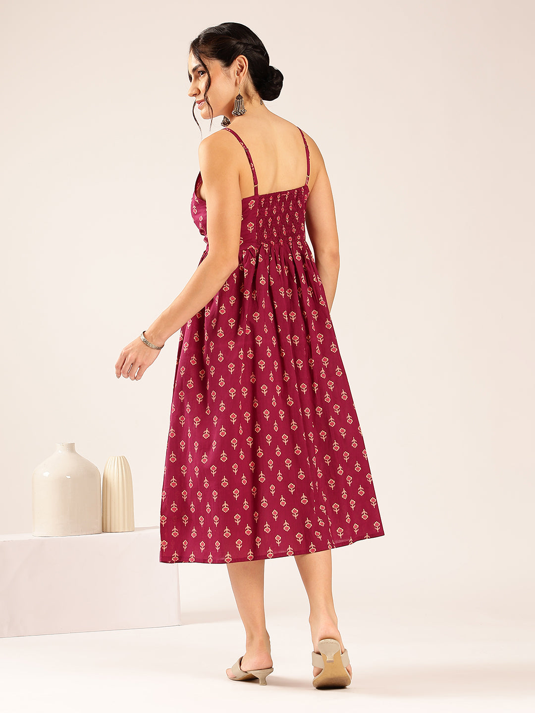 Magenta Floral Flared Cotton Stitched Dress