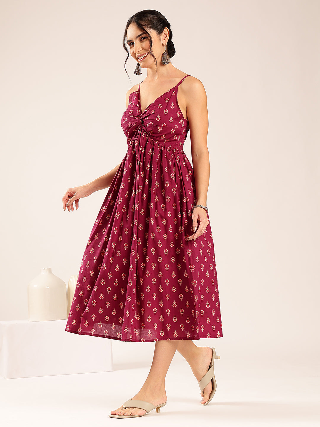 Magenta Floral Flared Cotton Stitched Dress