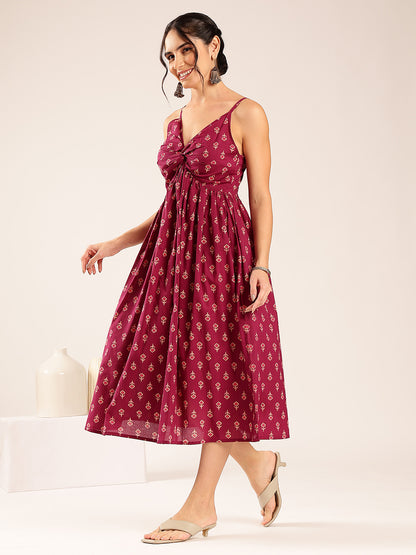 Magenta Floral Flared Cotton Stitched Dress