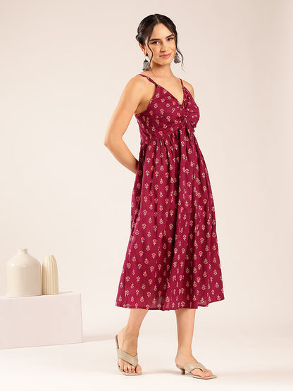 Magenta Floral Flared Cotton Stitched Dress