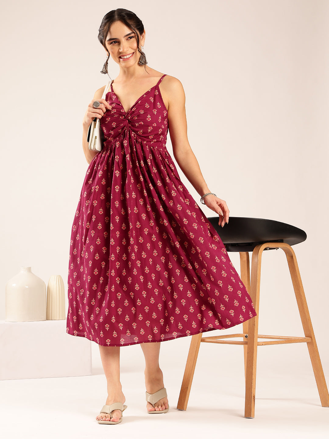 Magenta Floral Flared Cotton Stitched Dress