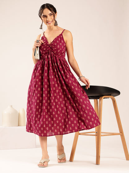 Magenta Floral Flared Cotton Stitched Dress