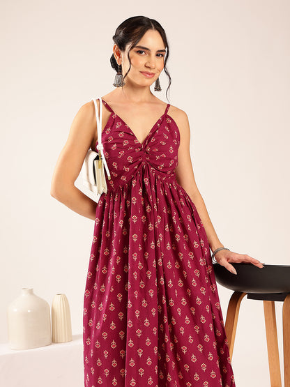 Magenta Floral Flared Cotton Stitched Dress
