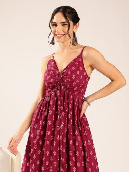 Magenta Floral Flared Cotton Stitched Dress