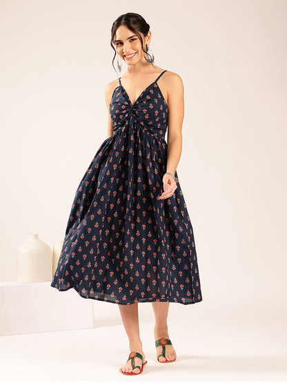 Blue Floral Flared Cotton Stitched Dress