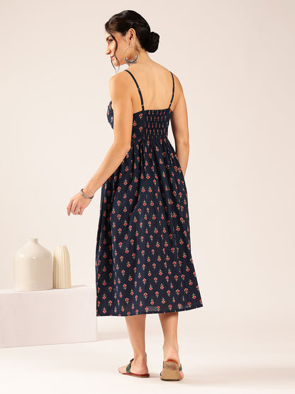 Blue Floral Flared Cotton Stitched Dress