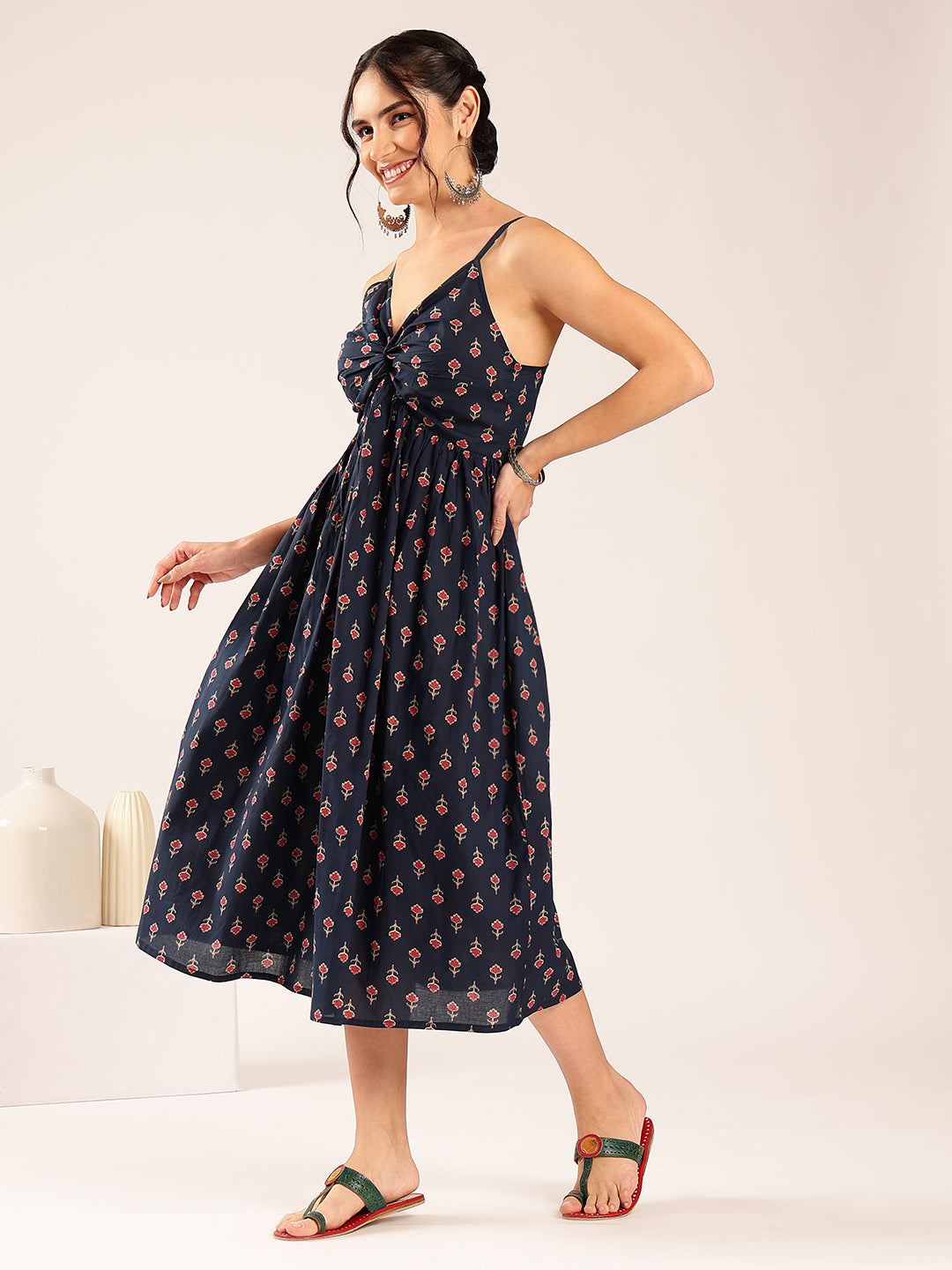 Blue Floral Flared Cotton Stitched Dress