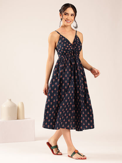 Blue Floral Flared Cotton Stitched Dress