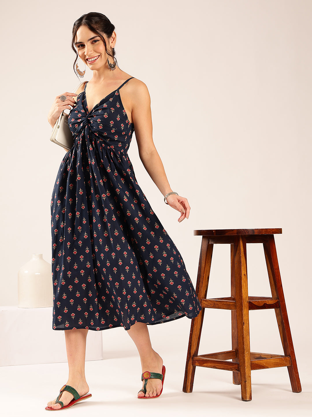 Blue Floral Flared Cotton Stitched Dress